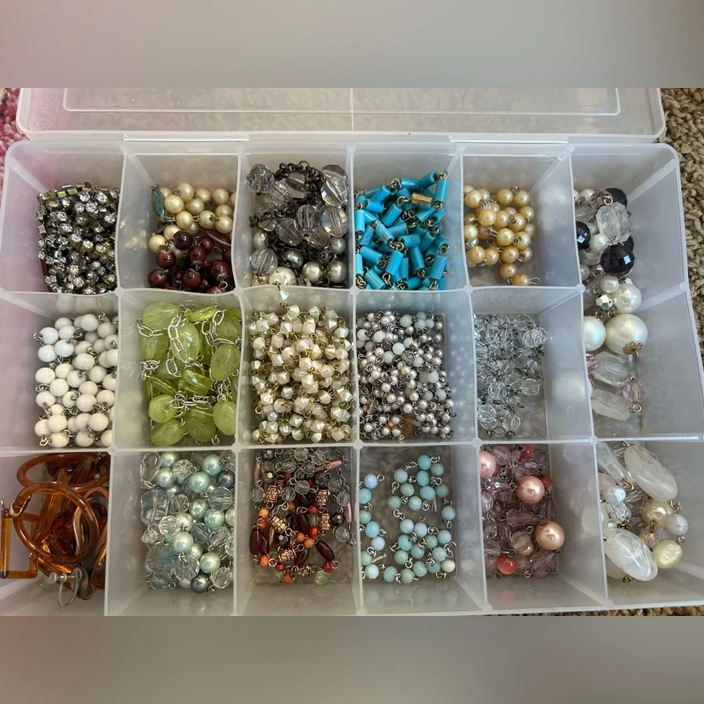Box full oh AMAZING VINTAGE BEADED CHAIN and rhinestones